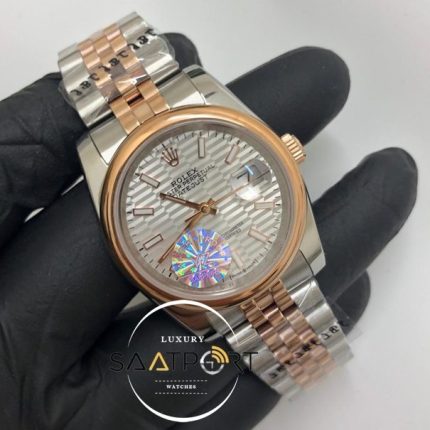 Rolex Saat Datejust Desenli Gri Kadran Düz Rose Bezel Jubile Kordon