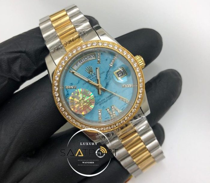 Rolex Saat Day Date Otomatik Taşlı Turkuaz Kadran Taşlı Gold Bezel