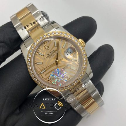 Rolex Saat Datejust Taşlı Gold Bezel Desenli Gold Kadran Oyster Çelik Kordon