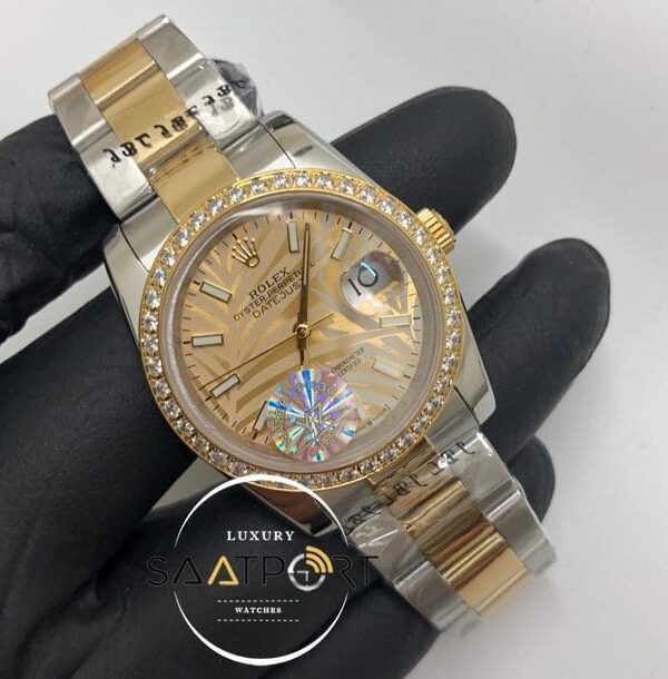 Rolex Saat Datejust Taşlı Gold Bezel Desenli Gold Kadran Oyster Çelik Kordon