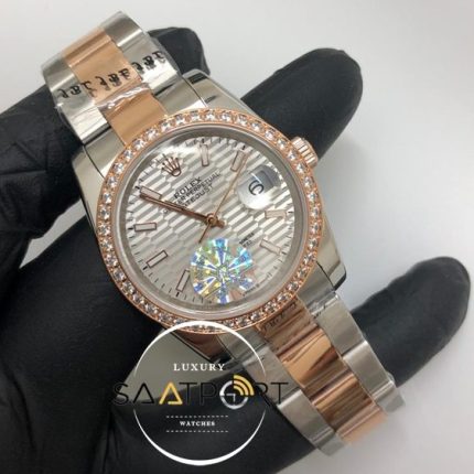 Rolex Saat Datejust Taşlı Rose Bezel Desenli Gri Kadran Oyster Rose Çelik Kordon