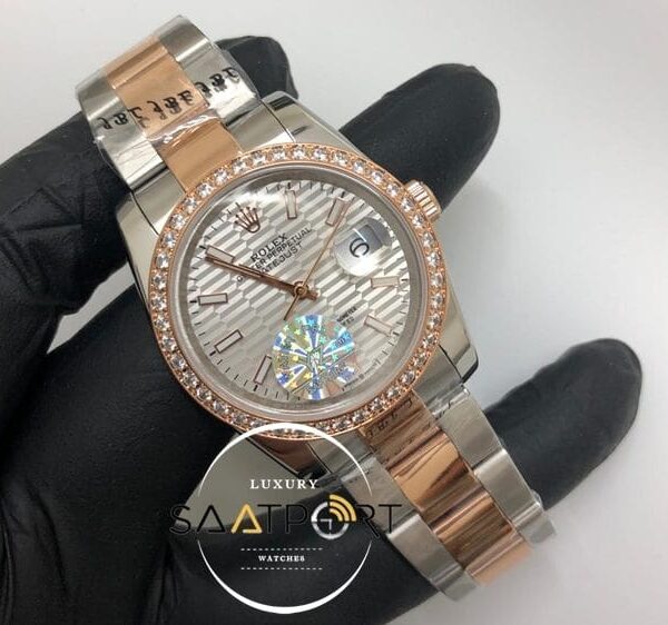 Rolex Saat Datejust Taşlı Rose Bezel Desenli Gri Kadran Oyster Rose Çelik Kordon