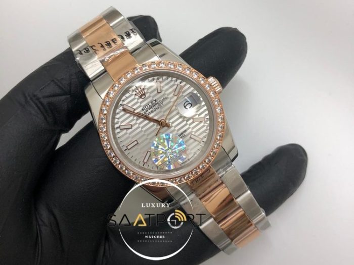 Rolex Saat Datejust Taşlı Rose Bezel Desenli Gri Kadran Oyster Rose Çelik Kordon