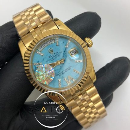 Rolex Saat Day Date Roma Rakamlı Turkuaz Kadran Tırtıklı Gold Bezel