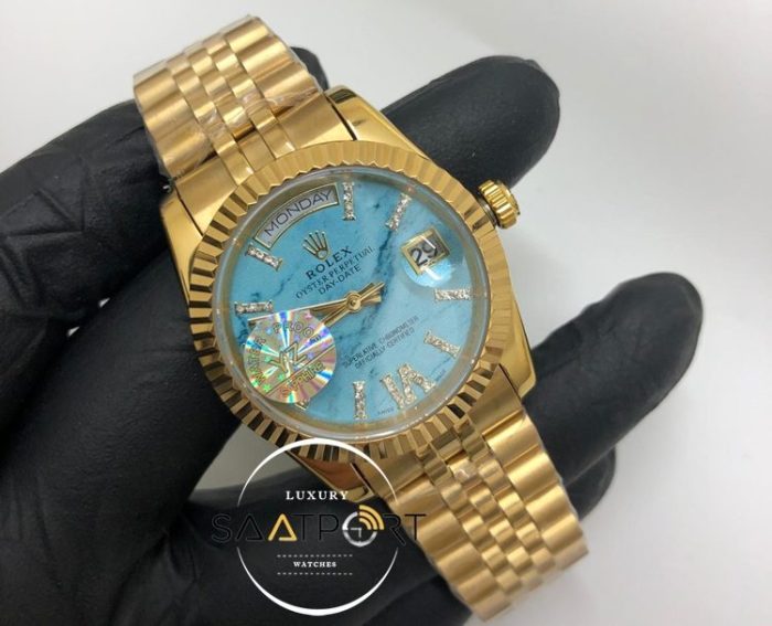 Rolex Saat Day Date Roma Rakamlı Turkuaz Kadran Tırtıklı Gold Bezel