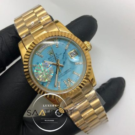 Rolex Saat Day Date Tırtıklı Gold Bezel Roma Rakamlı Turkuaz Kadran