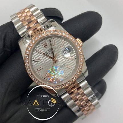 Rolex Saat Otomatik Datejust Taşlı Bezel Desenli Gri Kadran Jubile Kordon