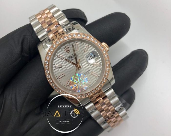 Rolex Saat Otomatik Datejust Taşlı Bezel Desenli Gri Kadran Jubile Kordon