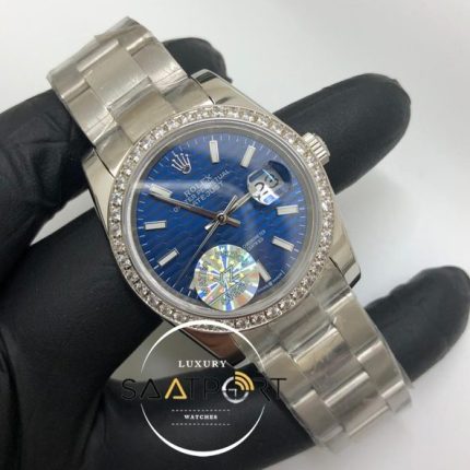 Rolex Saat Otomatik Datejust Taşlı Bezel Desenli Mavi Kadran Oyster Çelik Kordon