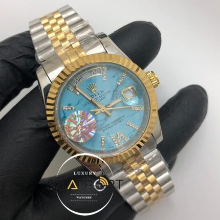 Rolex Saat Day Date Roma Rakamlı Taşlı Turkuaz Kadran Tırtıklı Gold Bezel