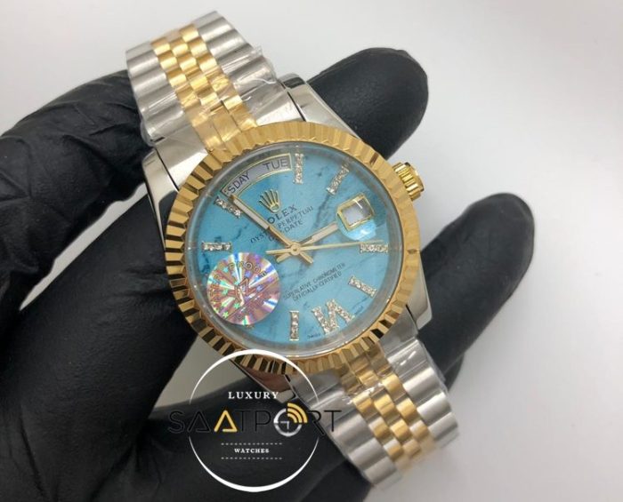 Rolex Saat Day Date Roma Rakamlı Taşlı Turkuaz Kadran Tırtıklı Gold Bezel