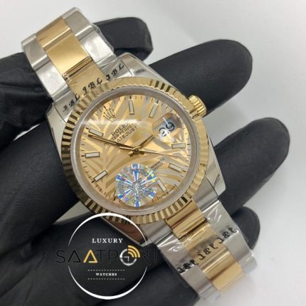 Rolex Saat Otomatik Datejust Tırtıklı Bezel Desenli Gold Kadran Oyster Çelik Kordon