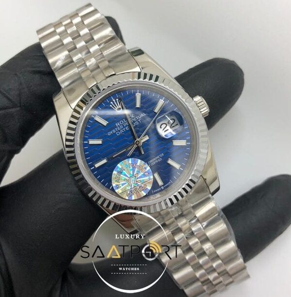 Rolex Saat Otomatik Datejust Tırtıklı Bezel Desenli Mavi Kadran Jubile Çelik Kordon