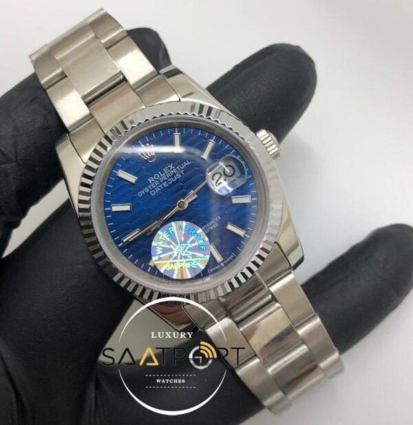 Rolex Saat Otomatik Datejust Tırtıklı Bezel Desenli Mavi Kadran Oyster Çelik Kordon