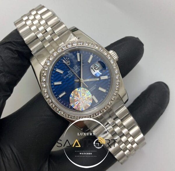 Rolex Saat Otomatik Datejust Taşlı Bezel Desenli Mavi Kadran Jubile Çelik Kordon