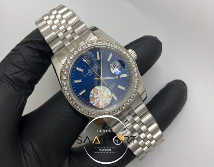 Rolex Saat Otomatik Datejust Taşlı Bezel Desenli Mavi Kadran Jubile Çelik Kordon