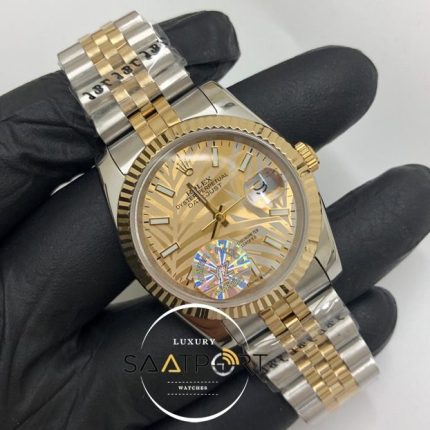 Rolex Saat Datejust Tırtıklı Bezel Desenli Gold Kadran Jubile Çelik Kordon Otomatik