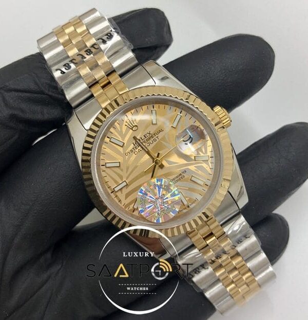 Rolex Saat Datejust Tırtıklı Bezel Desenli Gold Kadran Jubile Çelik Kordon Otomatik