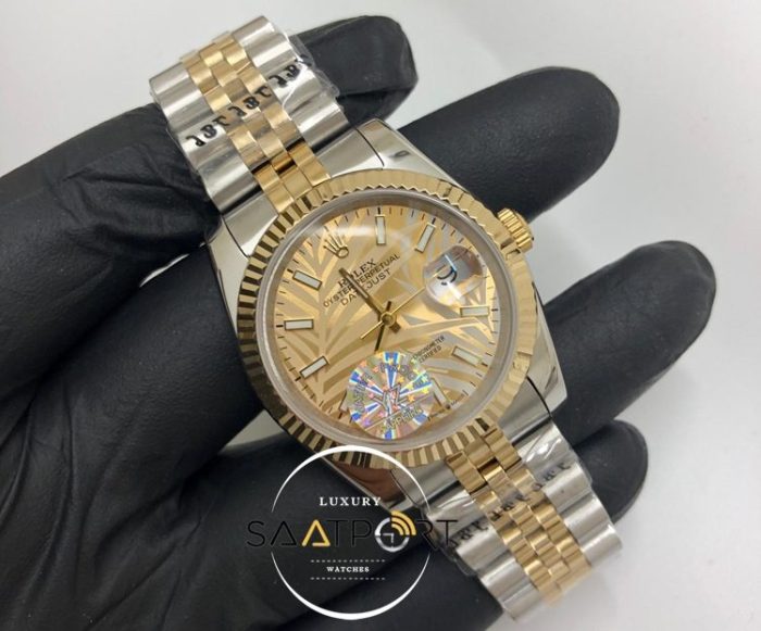 Rolex Saat Datejust Tırtıklı Bezel Desenli Gold Kadran Jubile Çelik Kordon Otomatik