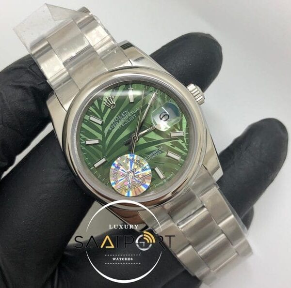 Rolex Saat Datejust Otomatik Desenli Yeşil Kadran Düz Bezel Oyster Çelik Kordon