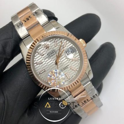 Rolex Saat Datejust Tırtıklı Rose Bezel Desenli Gri Kadran Oyster Rose Çelik Kordon