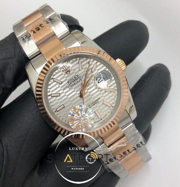 Rolex Saat Datejust Tırtıklı Rose Bezel Desenli Gri Kadran Oyster Rose Çelik Kordon