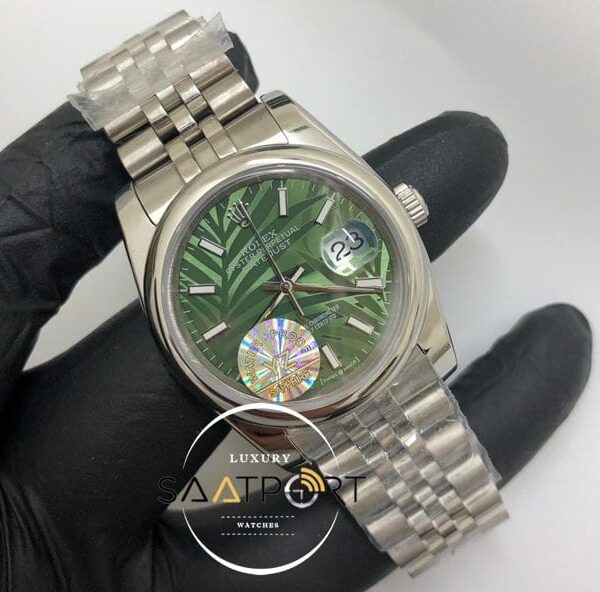 Rolex Saat Datejust Otomatik Desenli Yeşil Kadran Düz Bezel Jubile Çelik Kordon