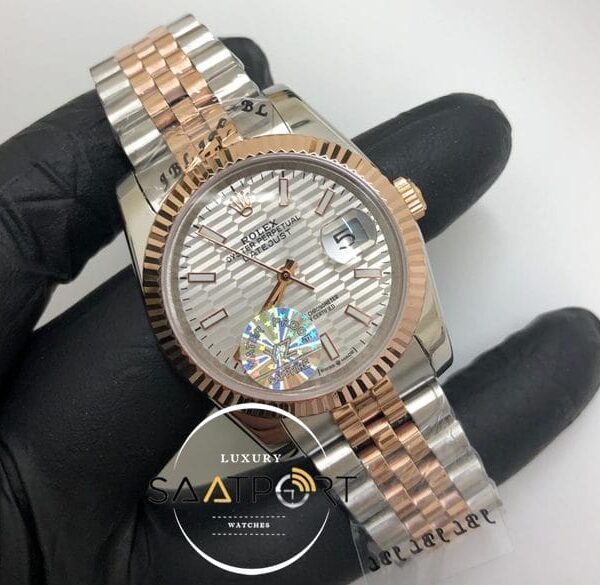Rolex Saat Datejust Tırtıklı Bezel Desenli Gri Kadran Jubile Çelik Kordon