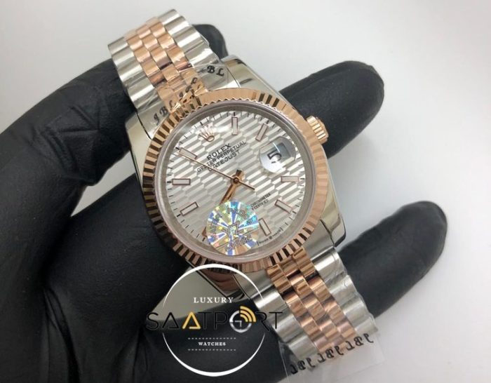 Rolex Saat Datejust Tırtıklı Bezel Desenli Gri Kadran Jubile Çelik Kordon