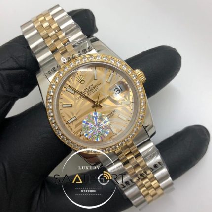 Rolex Saat Datejust Taşlı Baget Bezel Desenli Gold Kadran Jubile Çelik Kordon Otomatik