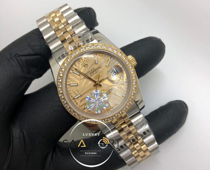 Rolex Saat Datejust Taşlı Baget Bezel Desenli Gold Kadran Jubile Çelik Kordon Otomatik