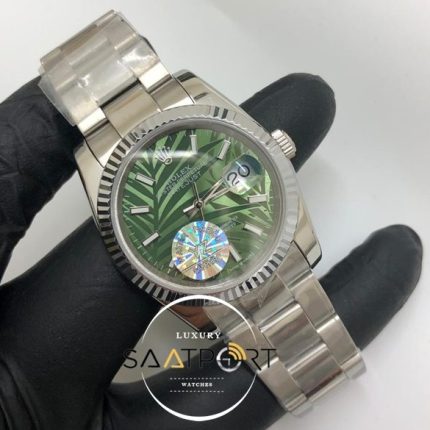 Rolex Saat Datejust Tırtıklı Bezel Desenli Yeşil Kadran Oyster Çelik Kordon