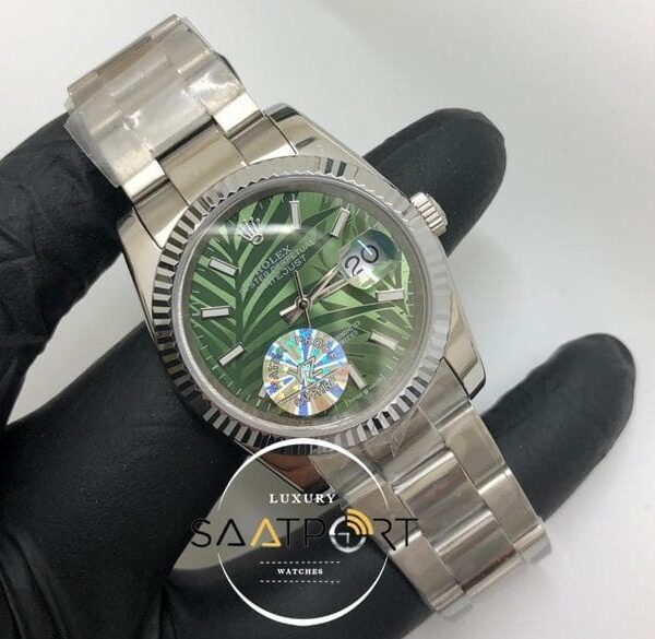 Rolex Saat Datejust Tırtıklı Bezel Desenli Yeşil Kadran Oyster Çelik Kordon