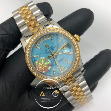 Rolex Saat Day Date Taşlı Gold Bezel Roma Rakamlı Taşlı Turkuaz Kadran