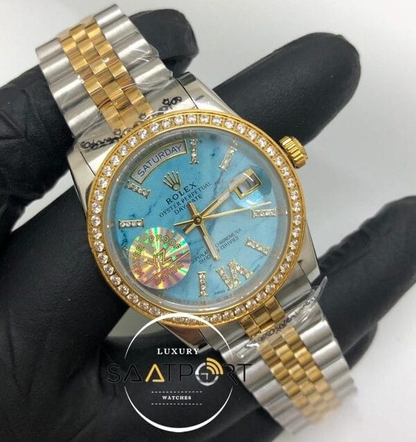 Rolex Saat Day Date Taşlı Gold Bezel Roma Rakamlı Taşlı Turkuaz Kadran