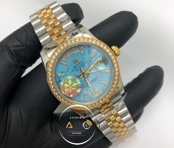 Rolex Saat Day Date Taşlı Gold Bezel Roma Rakamlı Taşlı Turkuaz Kadran