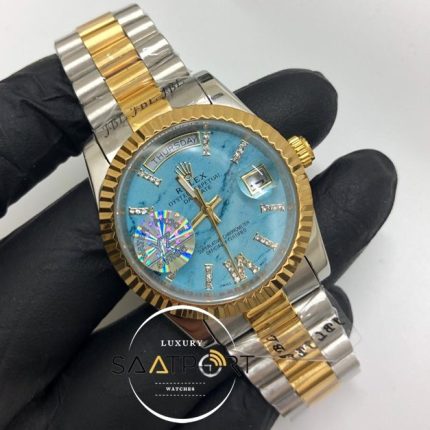 Rolex Saat Day Date Tırtıklı Gold Bezel Roma Rakamlı Taşlı Turkuaz Kadran