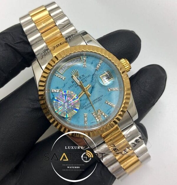 Rolex Saat Day Date Tırtıklı Gold Bezel Roma Rakamlı Taşlı Turkuaz Kadran