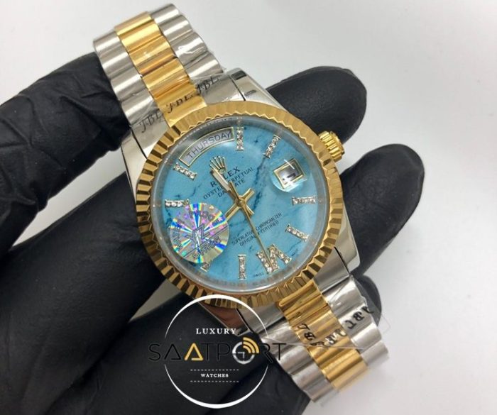 Rolex Saat Day Date Tırtıklı Gold Bezel Roma Rakamlı Taşlı Turkuaz Kadran