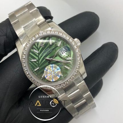 Rolex Saat Datejust Taşlı Baget Bezel Desenli Yeşil Kadran Oyster Çelik Kordon Otomatik