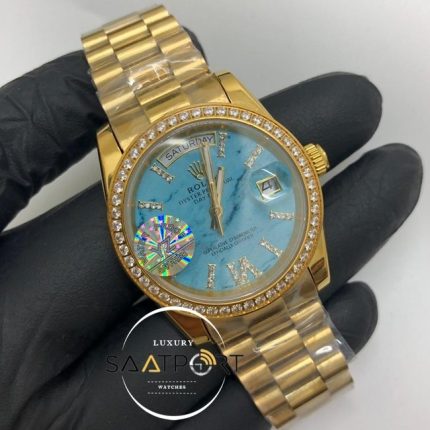 Rolex Saat Day Date Taşlı Gold Bezel Gold Kasa Roma Rakamlı Taşlı Turkuaz Kadran