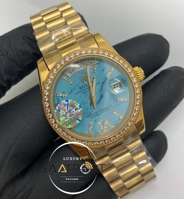 Rolex Saat Day Date Taşlı Gold Bezel Gold Kasa Roma Rakamlı Taşlı Turkuaz Kadran