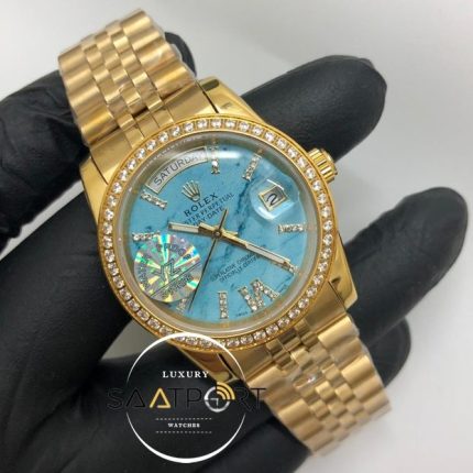 Rolex Saat Day Date Taşlı Gold Bezel Gold Kasa Roma Rakamlı Taşlı Turkuaz Kadran Jubile