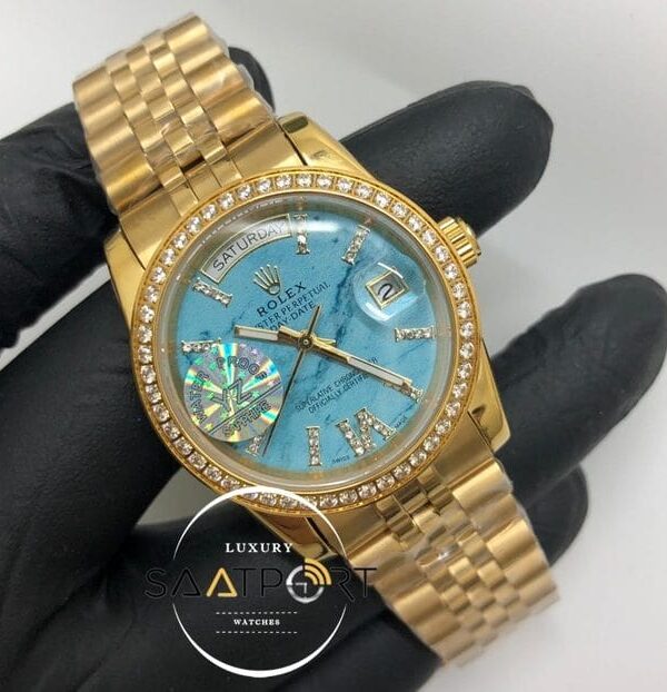 Rolex Saat Day Date Taşlı Gold Bezel Gold Kasa Roma Rakamlı Taşlı Turkuaz Kadran Jubile