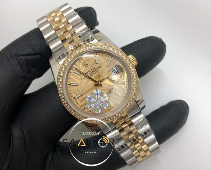 Rolex Saat Datejust Desenli Gold Kadran Jubile Çelik Kordon Otomatik Taşlı Baget Bezel