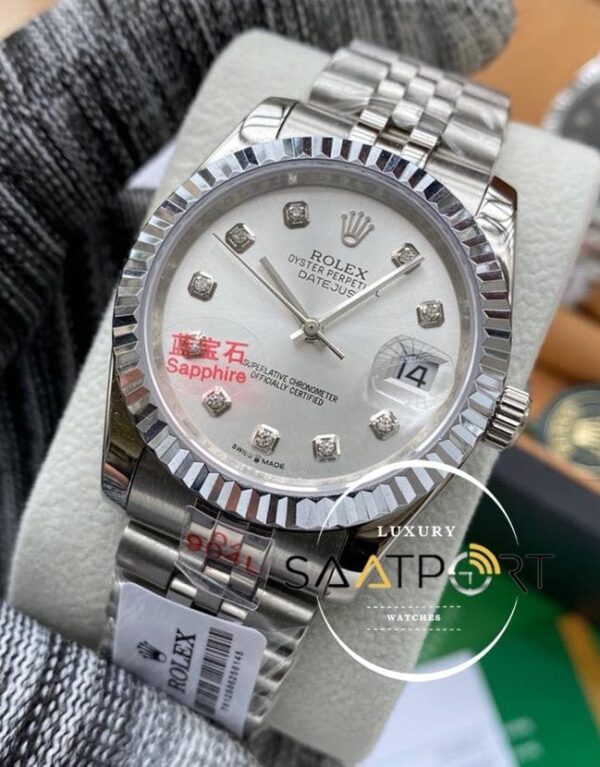 Rolex Saat Datejust Taşlı Gri Kadran Jubile Çelik Kordon Tırtıklı Bezel