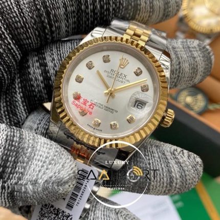 Rolex Saat Datejust Tırtıklı Gold Bezel Taşlı Gri Kadran Jubile Çelik Kordon