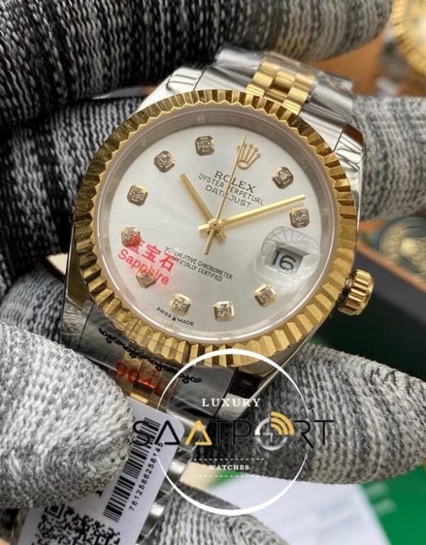 Rolex Saat Datejust Tırtıklı Gold Bezel Taşlı Gri Kadran Jubile Çelik Kordon