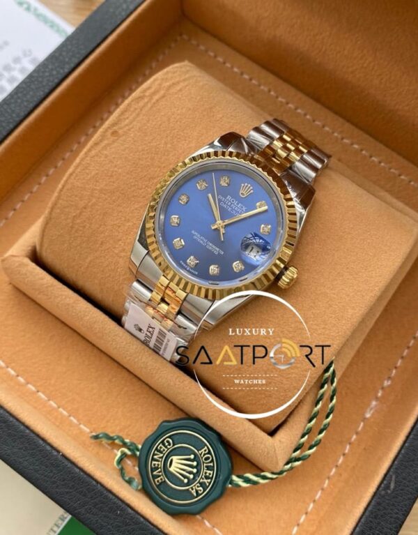 Rolex Saat Datejust Tırtıklı Gold Bezel Taşlı Mavi Kadran Jubile Çelik Kordon