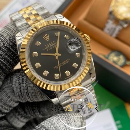 Rolex Saat Datejust Tırtıklı Gold Bezel Taşlı Siyah Kadran Jubile Çelik Kordon